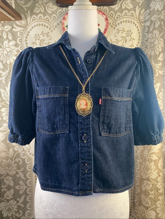 Levi's Tops - Levi's Dark Blue Denim Puff Sleeve Button-Front Shirt